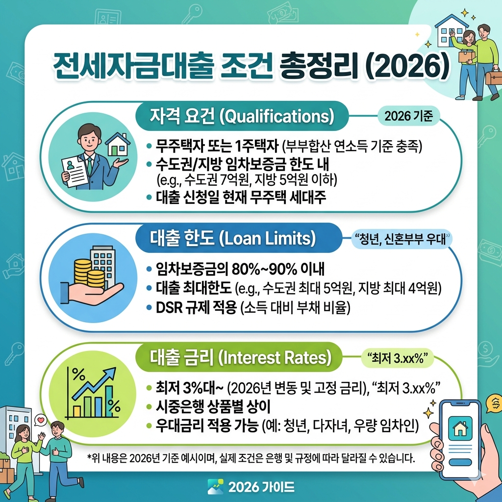 전세자금대출 조건 총정리 (2026 전세대출 자격&middot;한도&middot;금리 알아보기)