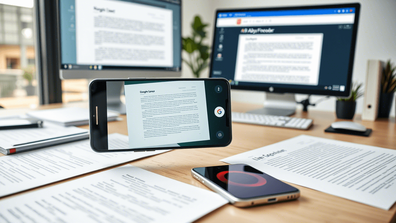 Google Lens와 함께 OCR 기술을 사용하여 종이 문서의 디지털 변환을 보여 줍니다