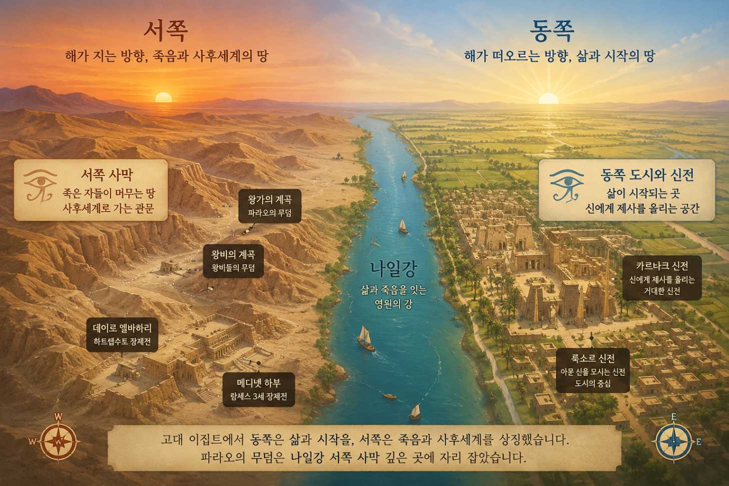 나일강을 중심으로 고대 이집트의 동쪽과 서쪽을 표현한 일러스트. 동쪽에는 도시와 신전, 서쪽에는 왕가의 계곡과 장제전이 자리하며 해가 뜨고 지는 방향에 따른 삶과 사후세계의 공간을 보여준다.
