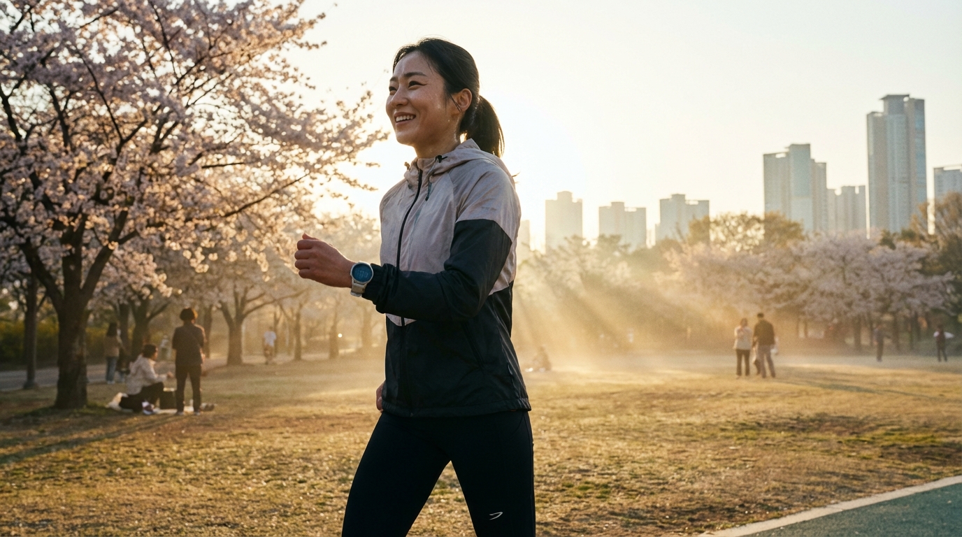 이른 아침 햇살을 받으며 체지방 연소를 위해 공복 유산소 운동을 하는 한국 여성의 모습