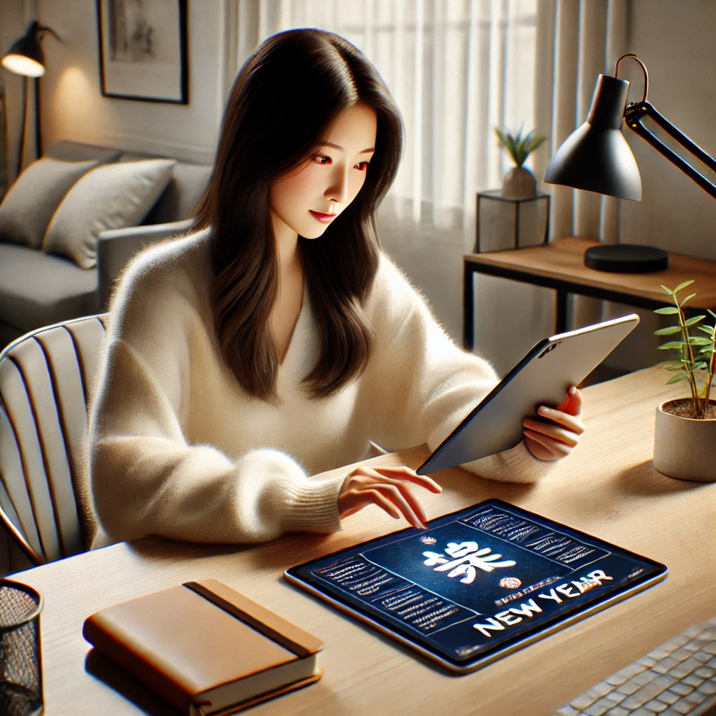 책상에 앉아 태블릿으로 새해 운세를 확인하는 한국 여성의 모습. 깔끔한 책상에는 작은 화분과 노트가 놓여 있으며&amp;#44; 집중적이고 아늑한 분위기가 돋보임.