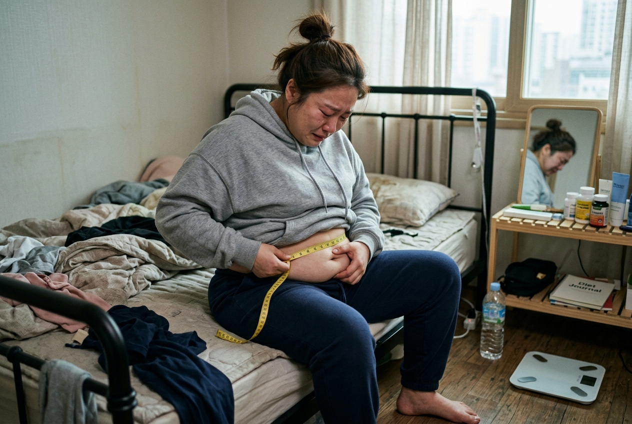 줄자로 두꺼운 뱃살을 재며 다이어트에 실패하고 좌절하는 사람의 모습