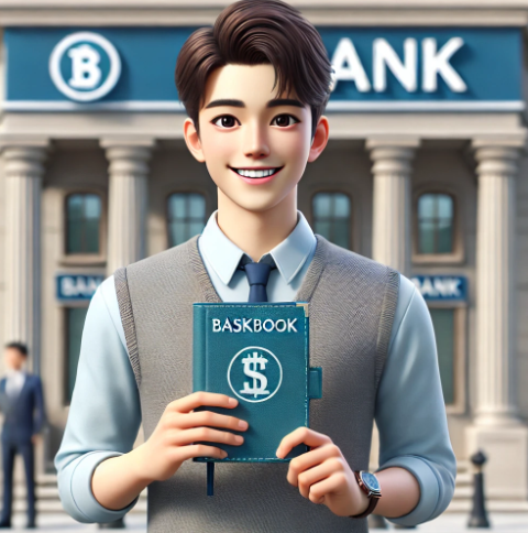 통장을 들고, 은행 앞에서 활짝 웃고 있는 청년