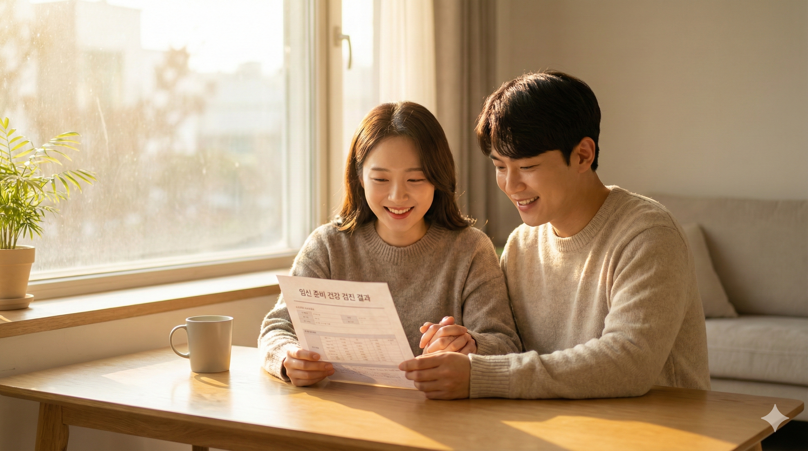 젊은 부부가 건강검진 결과지를 함께 보며 안도하고 웃고 있는 행복한 모습