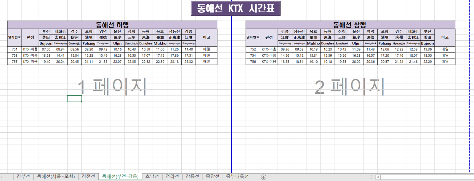 동해선(부전-강릉) KTX 시간표 최신 파일 다운로드