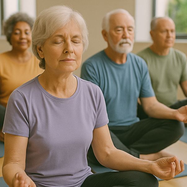 햇살이 드는 조용한 실내 공간에서 명상 중인 네 명의 노인
