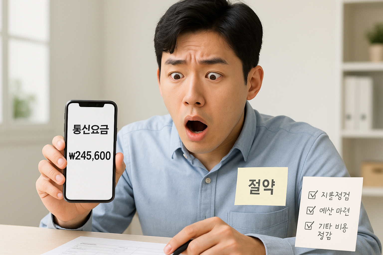스마트폰으로 통신요금 고지서를 보고 놀라는 직장인