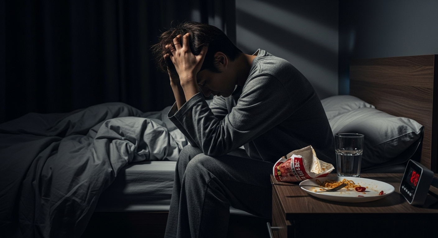 밤에 야식을 먹고 잠을 설친 뒤, 침대에서 후회하며 피곤해하는 모습.