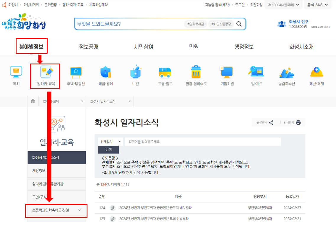 화성시 초등학교 입학축하금 신청