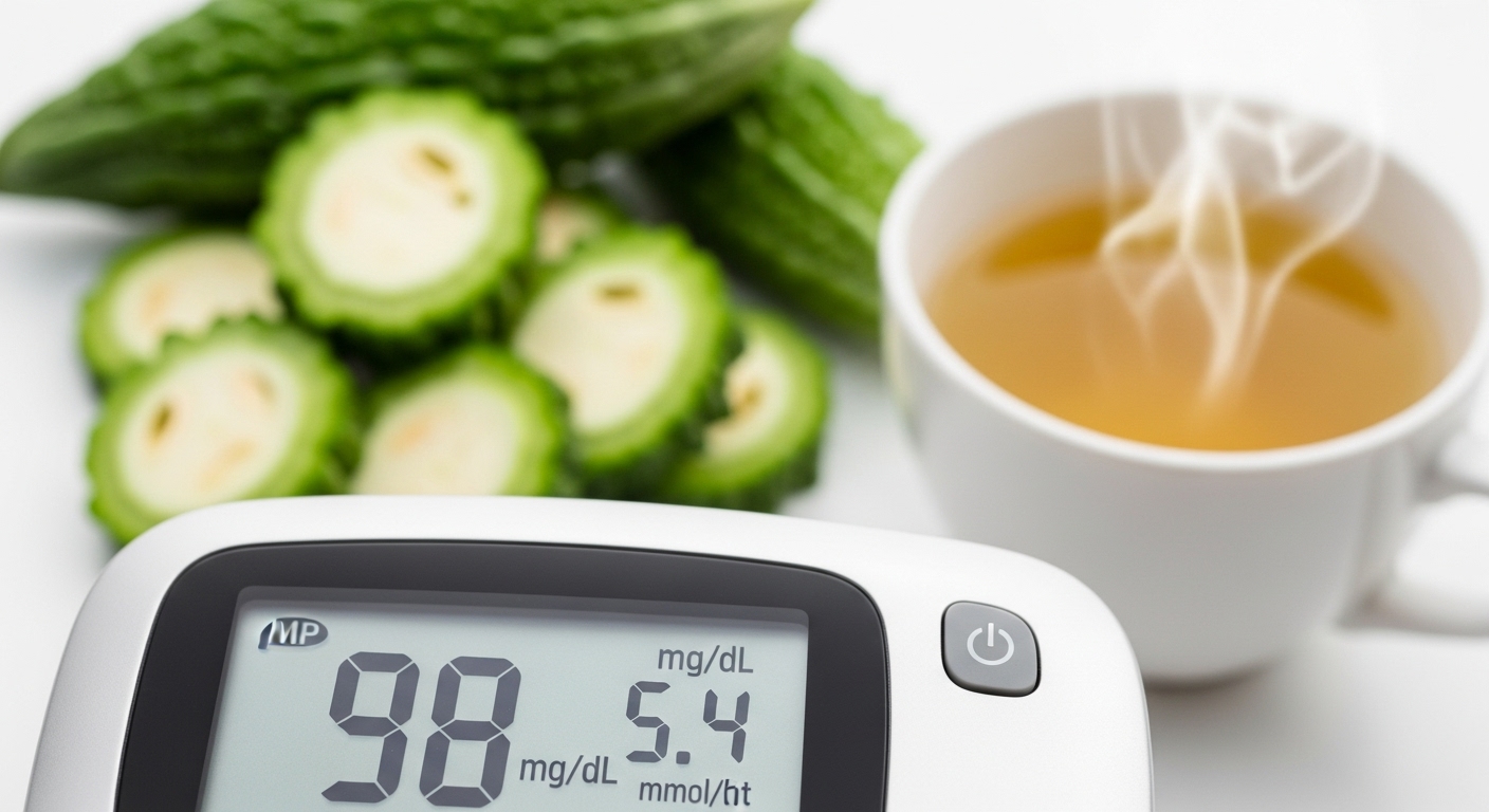 혈당 측정기에 건강한 혈당 수치가 표시되고, 배경에 여주와 녹차가 흐릿하게 보이는 이미지. 혈당 관리에 도움이 되는 여주의 효능을 상징합니다.