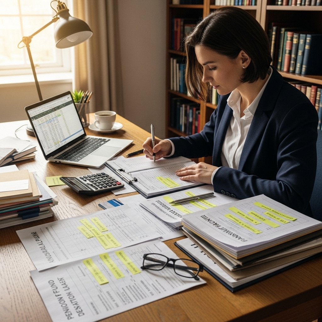 책상에 앉아 연간 재정 계획을 세우는 사람, 신용카드, 주택, 교육비, 연금 등 다양한 연말정산 공제 항목들을 고려하는 모습