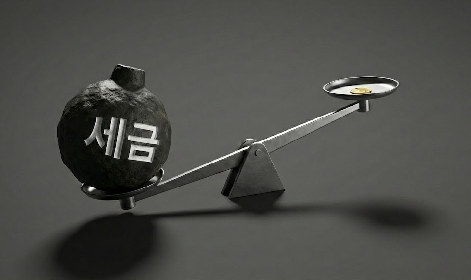 '세금'이라는 흰색 글자가 새겨진 거대한 검은색 폭탄이 저울의 한쪽을 짓누르고 있어, 반대편의 작은 동전보다 훨씬 무거운 세금 부담을 시각적으로 표현하는 모습.