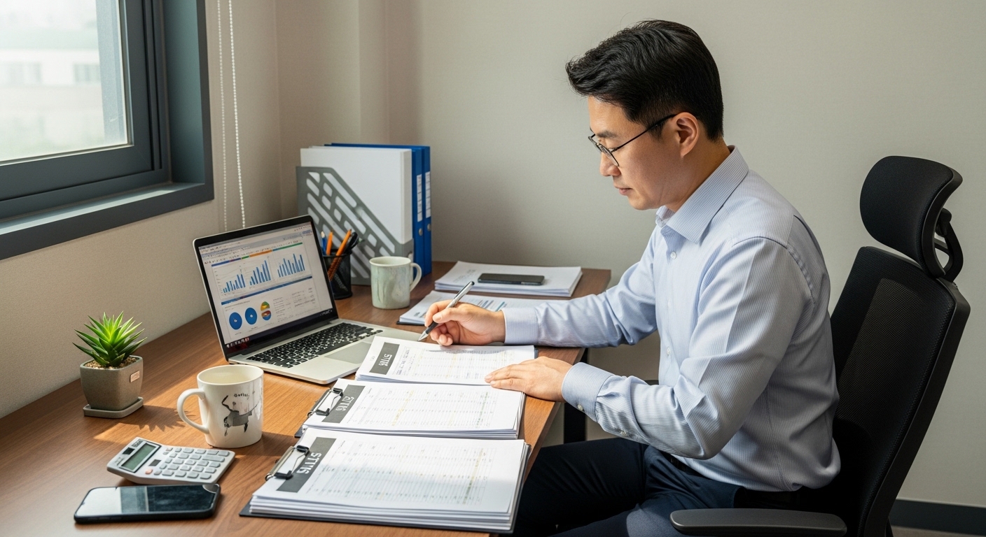 매출 서류를 확인하는 한국 자영업자 모습