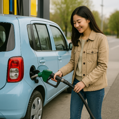 경차에 주유하는 여자이미지