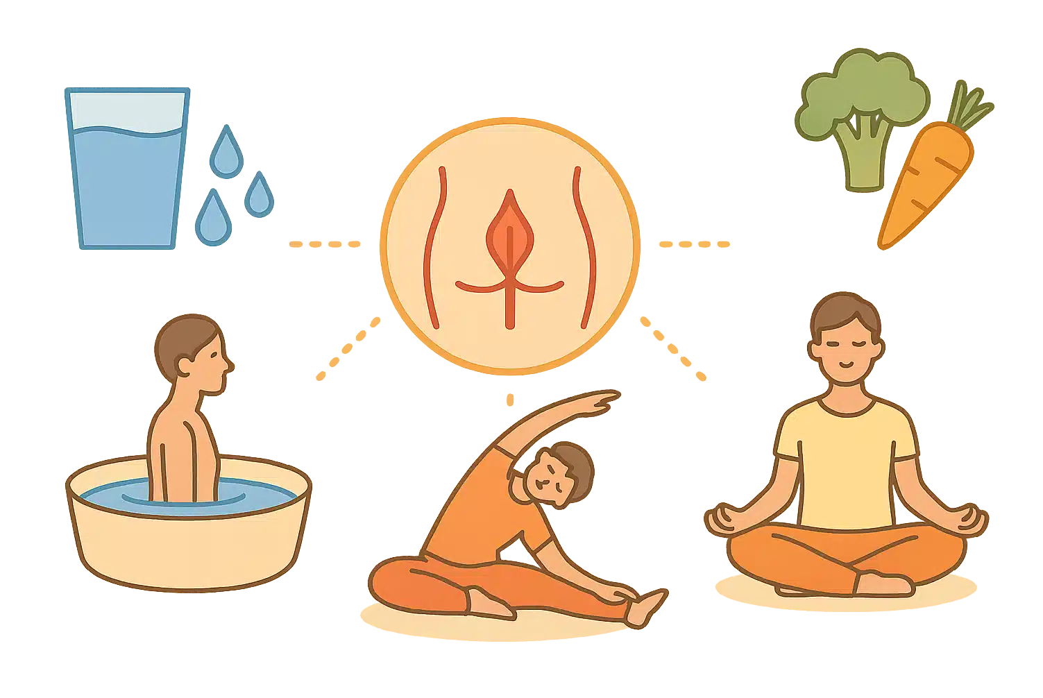 항문 건강 관리, 물, 채소, 좌욕, 스트레칭, 명상