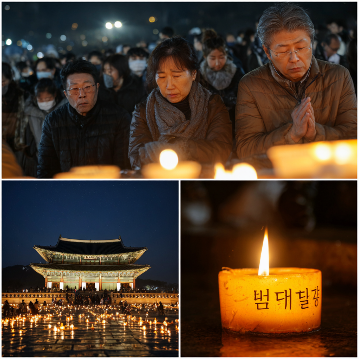 절의 법당 앞에서 무릎 꿇고 소원을 빌고 있는 사람들