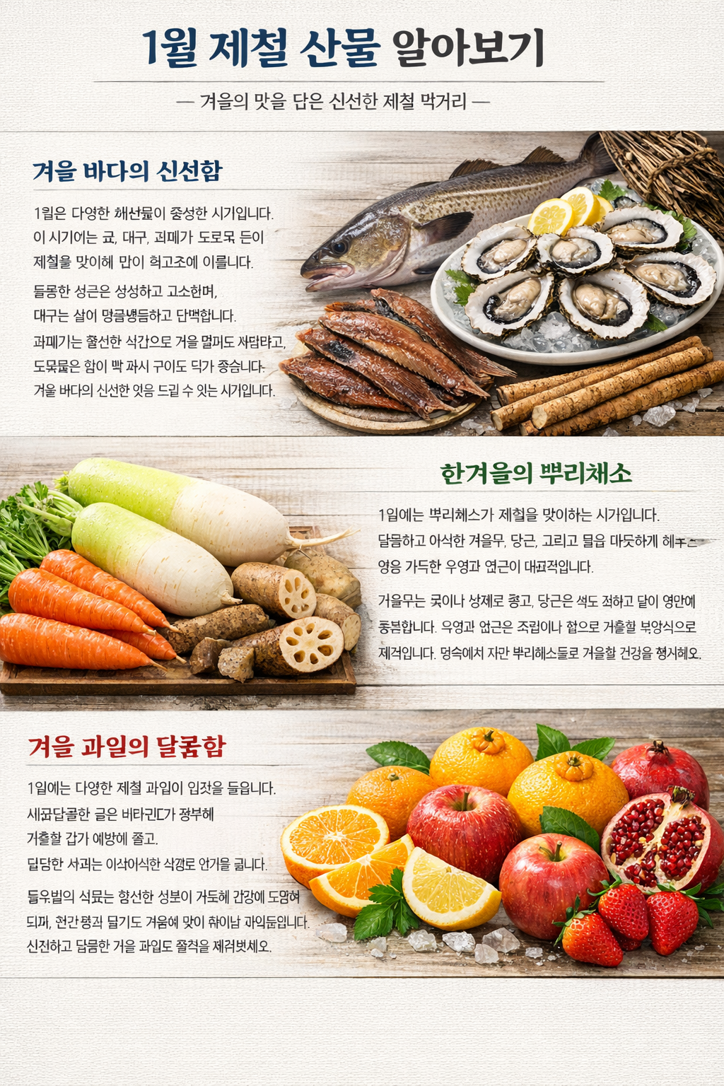 1월 제철 산물 총정리: 겨울에 꼭 먹어야 할 해산물&middot;채소&middot;과일 이야기