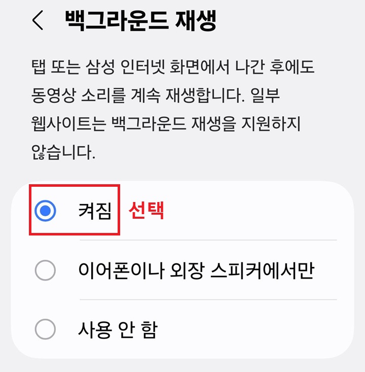 백그라운드 재생 설정 페이지 보임