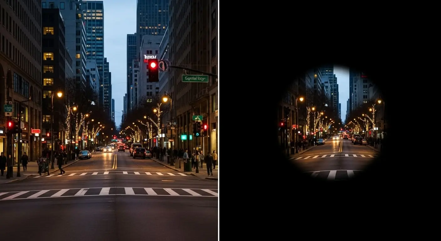 정상 시야와 터널 시야를 비교하는 이미지. 주변이 모두 보이는 정상 시야와 중앙만 보이는 터널 시야의 대비.