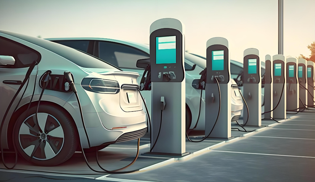 여러대의전기차가외부에서충전하고있는사진