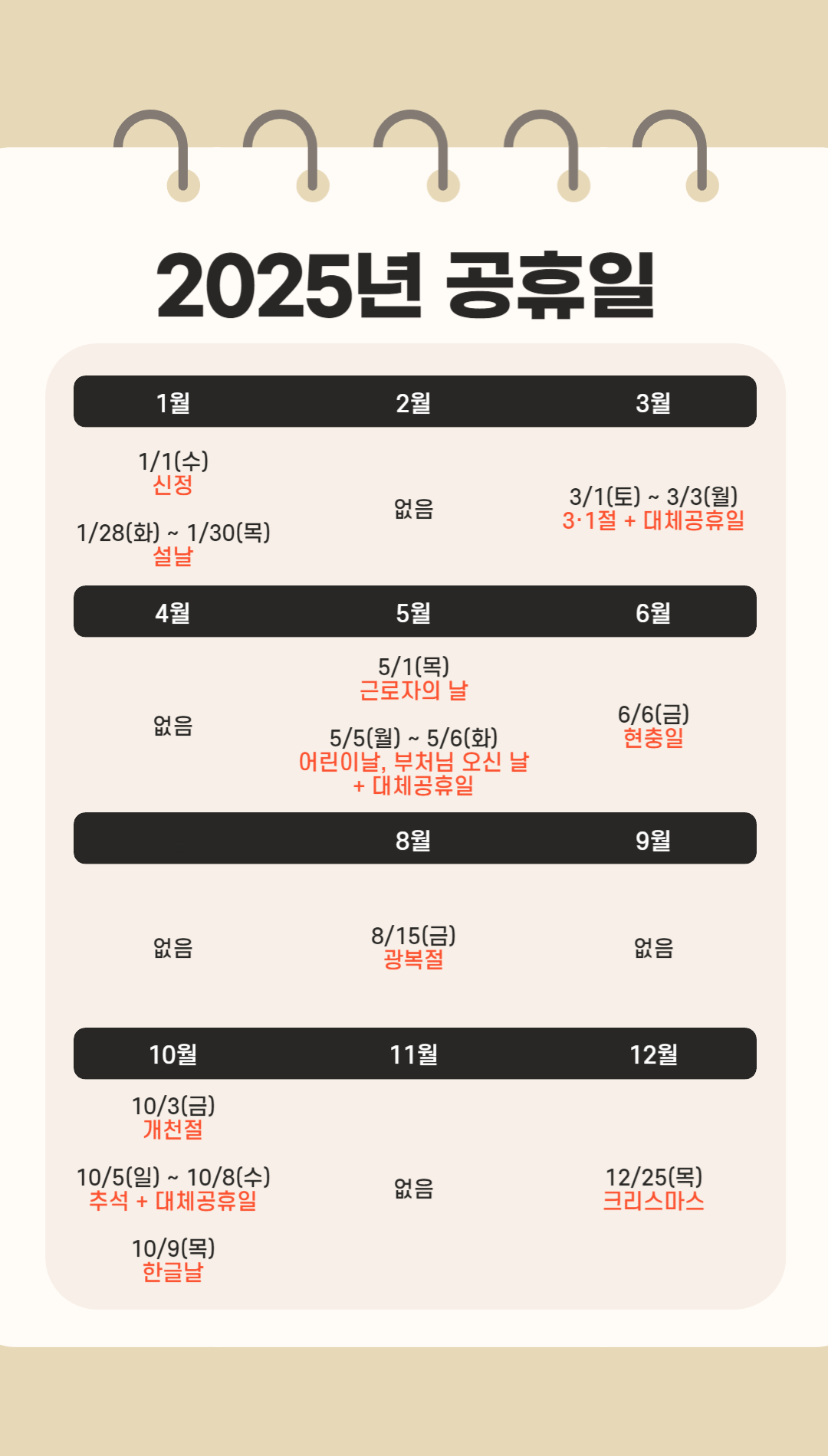 근로자의 날 포함 2025년 공휴일 캘린더