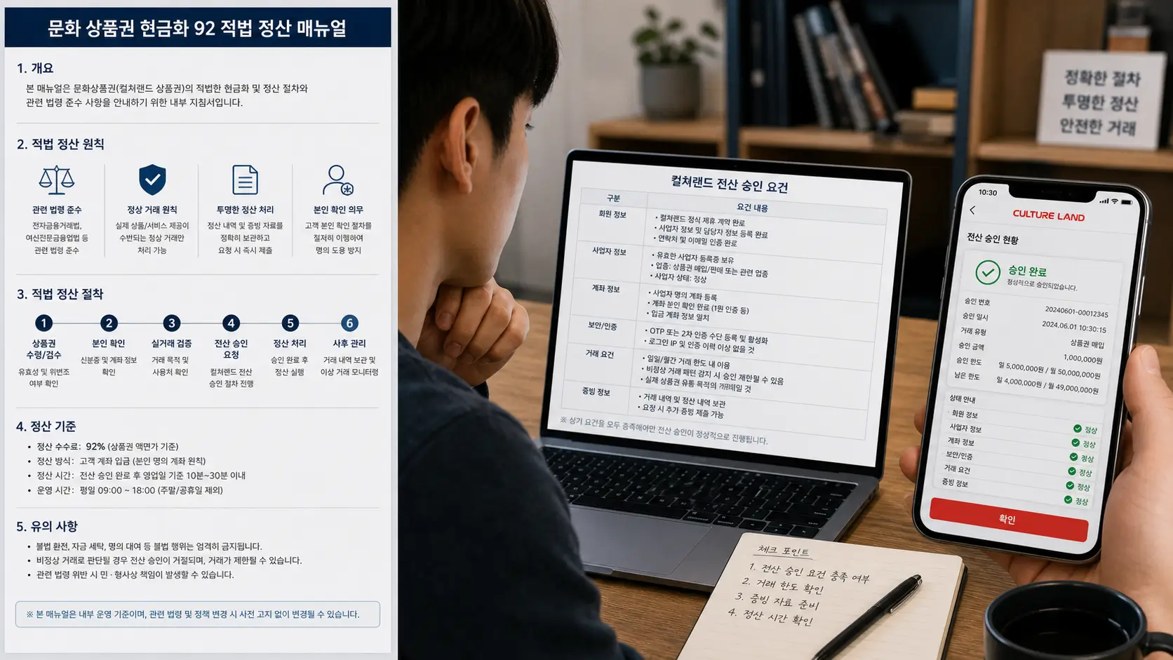 문화 상품권 현금화 92 적법 정산 매뉴얼과 컬쳐랜드 모바일 앱 전산 승인 요건을 확인하는 사용자