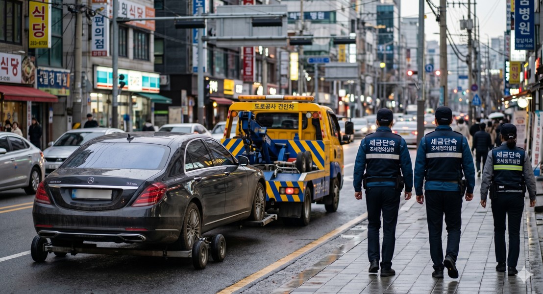 견인차에 끌려가는 고급 승용차와 그 뒤로 보이는 단속 요원들의 뒷모습
