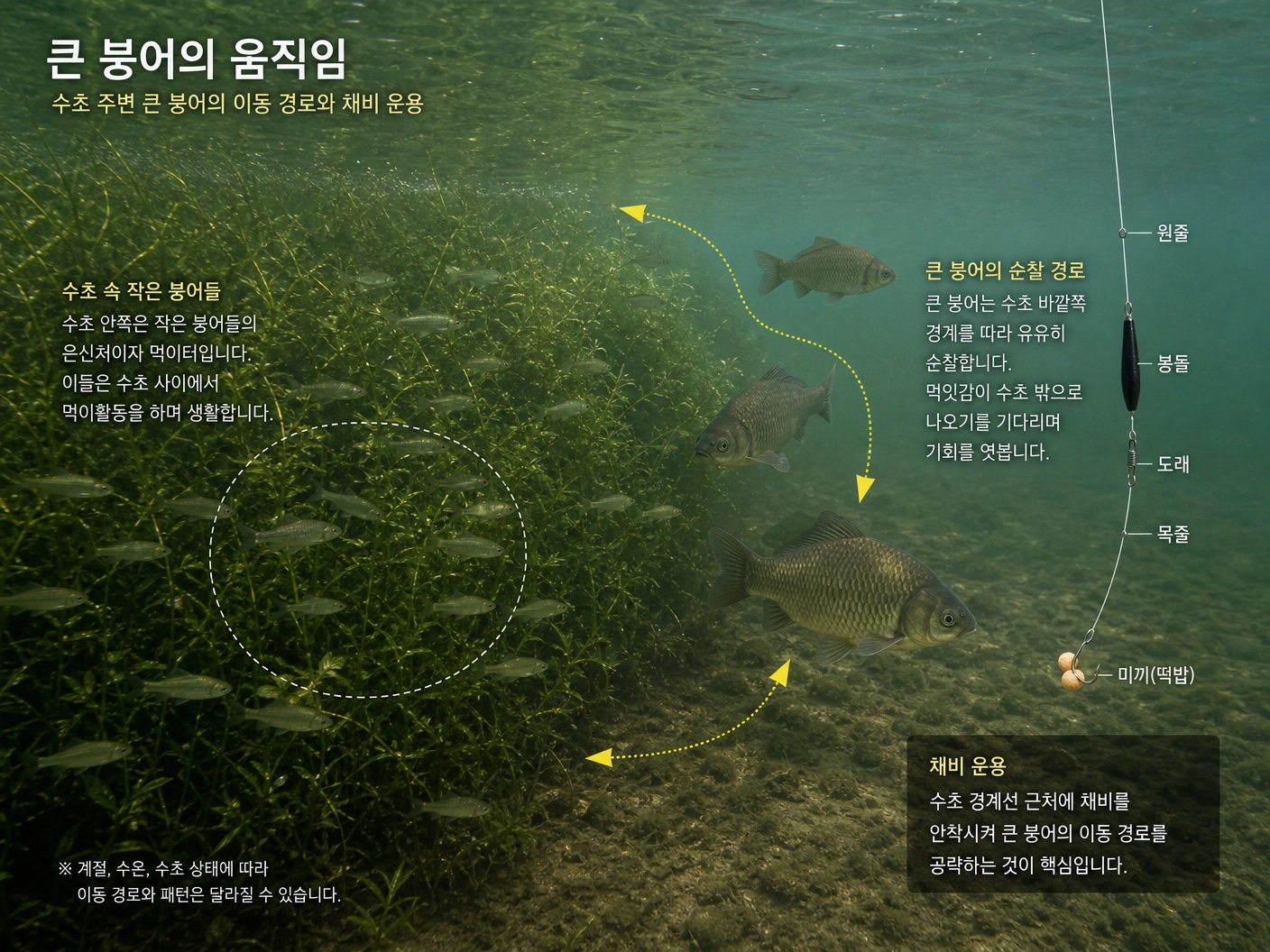 큰 붕어의 움직임과 순찰 경로 (수중 분석)