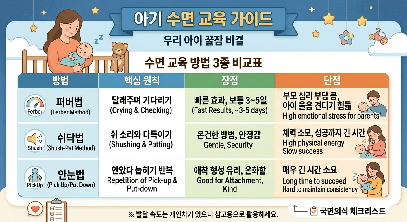 수면 교육 방법 3종 비교표 및 수면 의식 체크리스트 인포그래픽