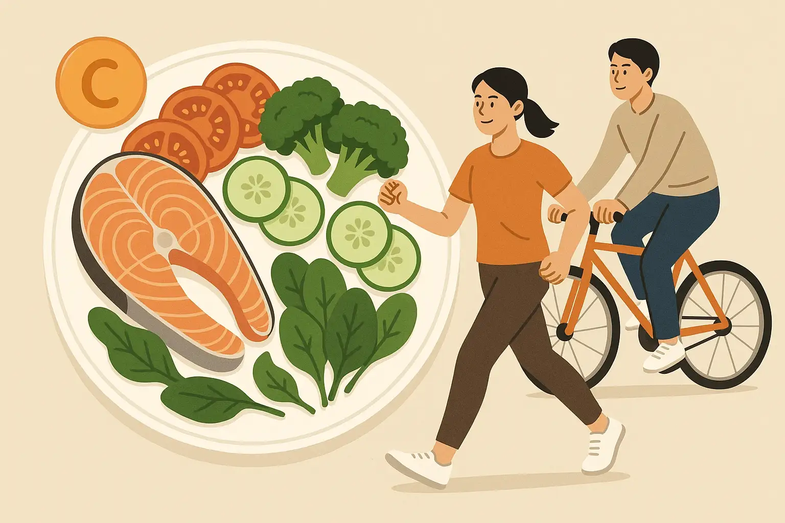 비타민과 생선·채소가 담긴 접시, 빠르게 걷는 사람과 자전거 타는 사람