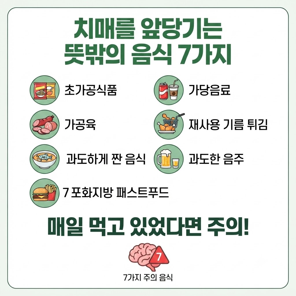 치매를 앞당길 수 있는 뜻밖의 음식 7가지: 초가공식품, 가당음료, 가공육, 재사용 기름 튀김, 짠 음식, 과도한 음주, 포화지방 패스트푸드 주의 안내 이미지