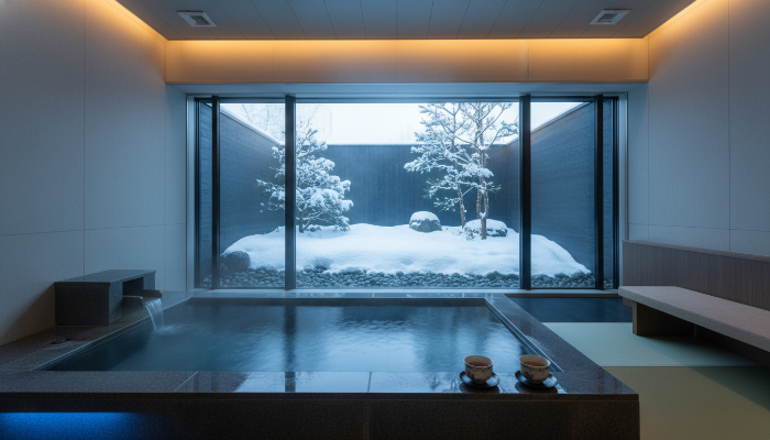 객실 내 프라이빗 온천탕에서 둘만의 아늑한 시간을 보내는 모습