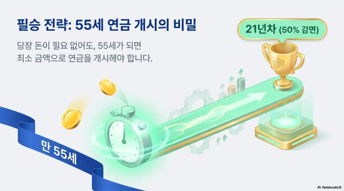 퇴직금 세금: 당장 돈이 필요 없어도 만 55세가 되면 최소 금액으로 연금 수령을 개시하여 21년차 50% 감면 혜택에 빠르게 도달해야 한다는 필승 전략을 타이머와 트로피 그래픽으로 표현한 이미지