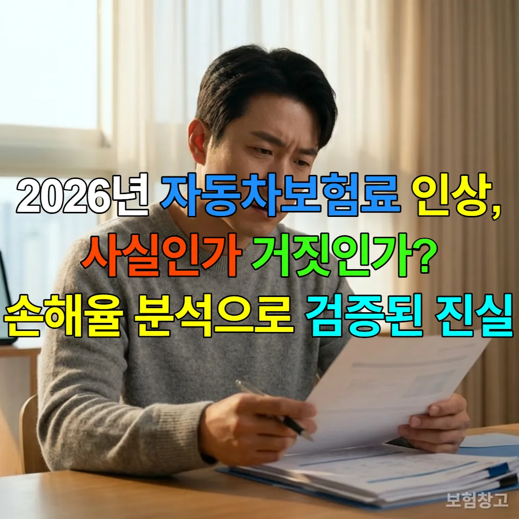 고민하는 한국인 운전자가 자동차보험 서류를 보고 있고, 뒤편에는 보험료 인상 그래프가 보이는 모습