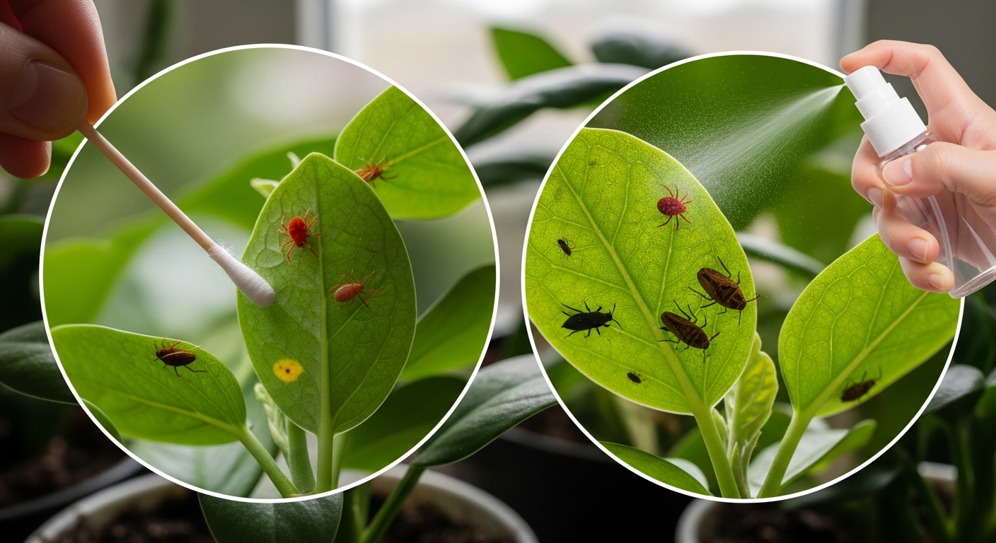 &ldquo;실내 식물 잎 뒷면에 생긴 해충을 확인하고 면봉과 스프레이로 제거하는 모습&rdquo;