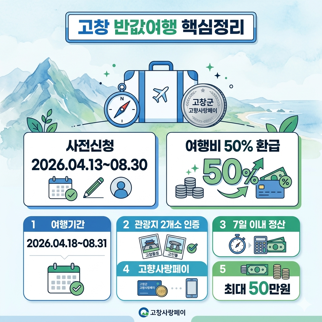 고창 반값여행 신청 방법, 일정, 지원금, 고향사랑페이, 인증서류 인포그래픽
