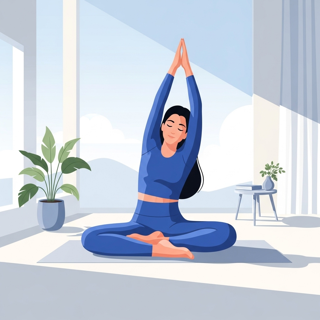 2025년 현대인의 몸과 마음의 균형을 상징하는 미니멀한 웰니스 이미지. 차분하게 명상하는 사람과 자연광이 어우러진 평화로운 공간.