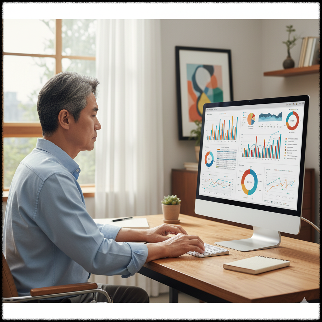 컴퓨터로 건강 위험 지표를 분석하고 있는 모습