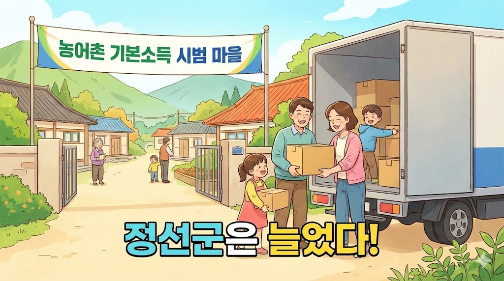 농어촌 기본소득 정책 덕분에 정선군으로 이사 오는 젊은 가족의 활기찬 모습