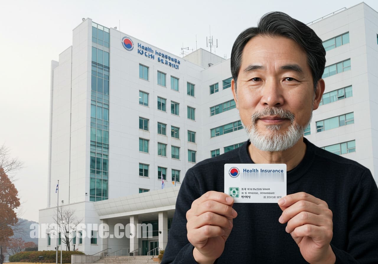 한국인 남성이 건강보험 카드를 들고 병원 건물 앞에 서 있는 모습. 청구 절차를 상징하는 이미지입니다.