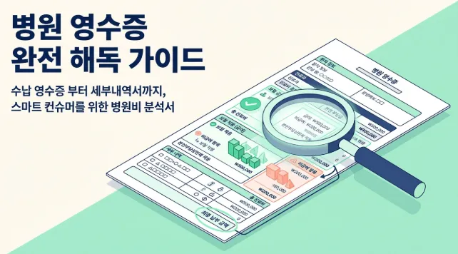병원 영수증 보는 법을 안내하는 대표 이미지. 돋보기로 수납 영수증의 항목을 확대해 살펴보는 일러스트로 진찰료 검사료 주사료 등 대분류 항목과 급여 비급여 본인부담금 공단부담금의 구분 원리를 시각적으로 표현하고 있다. 진료비 세부내역서와의 차이점과 영수증 재발급 방법 및 실손보험 청구 연말정산 의료비 공제 활용법까지 다루는 블로그 글의 핵심 내용을 요약한 이미지이다