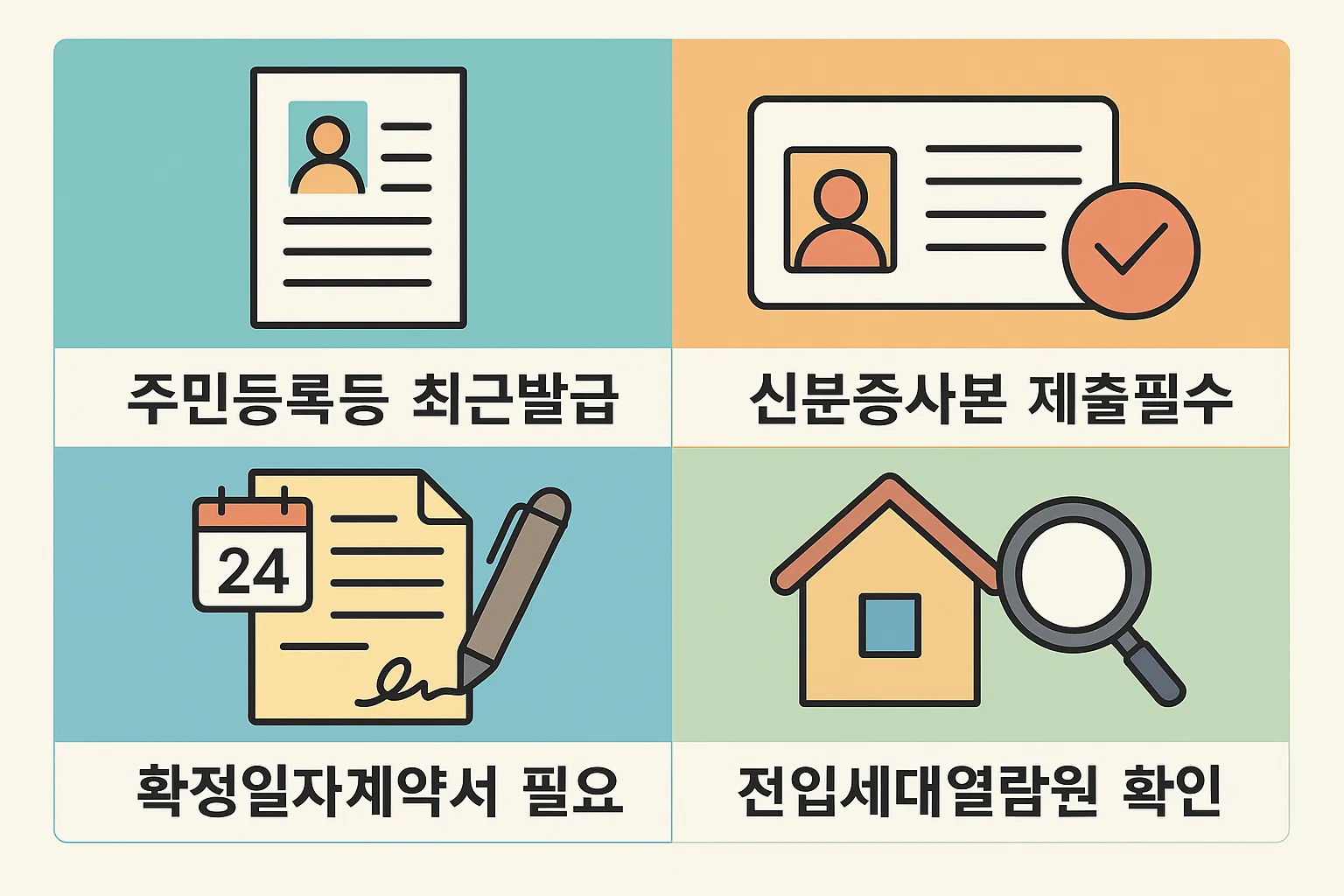 주민등록등초본 최신발급, 신분증사본 제출, 확정일자 계약서 준비, 전입세대열람원 확인 등 가입 시 필요한 핵심 서류를 정리한 인포그래픽