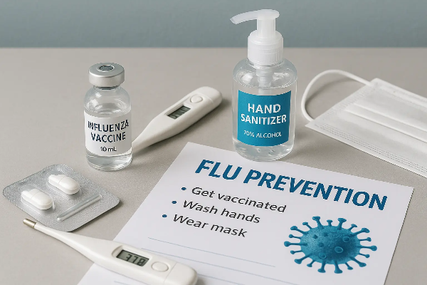 인플루엔자 백신, 체온계, 손세정제, 마스크, 예방 안내문이 정렬된 의료 소품 스튜디오컷