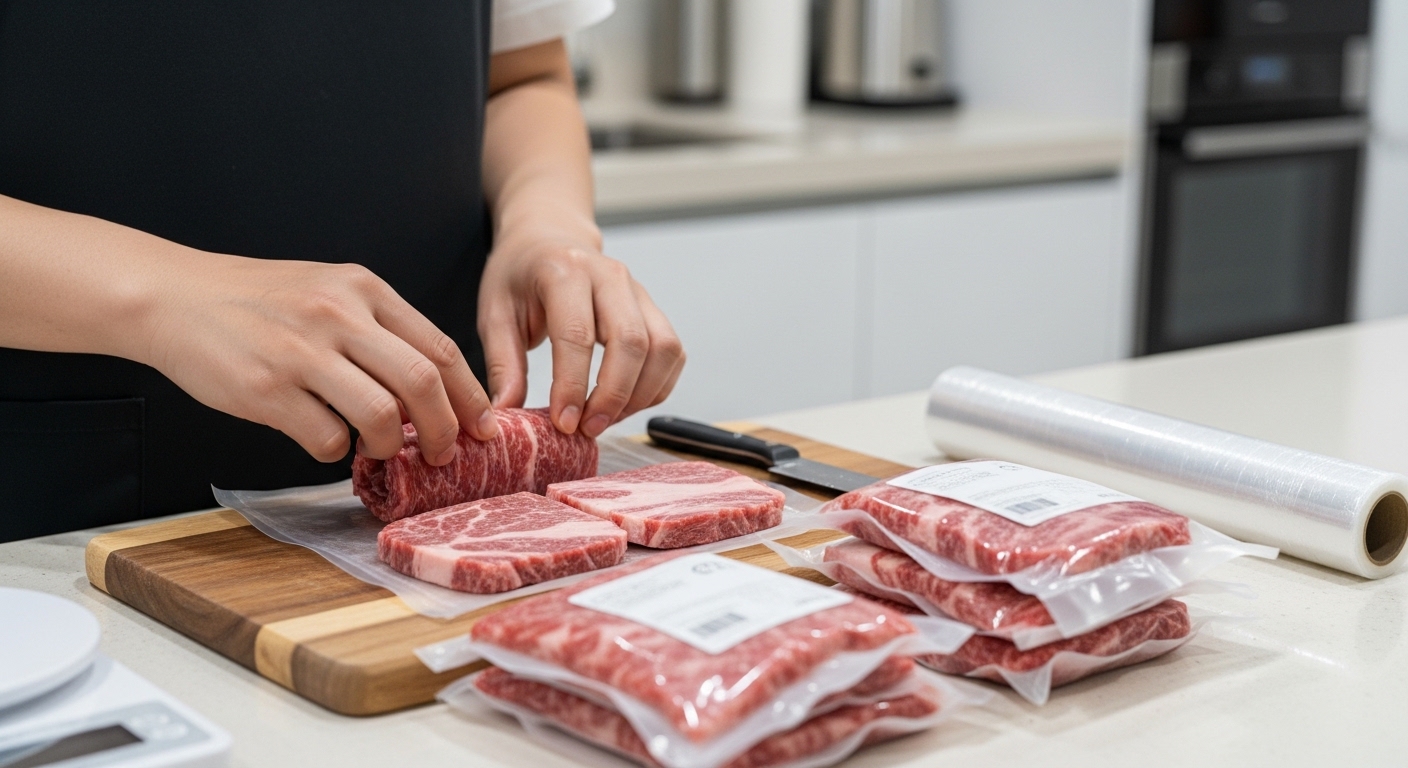 코스트코 대용량 소고기를 한 끼 분량으로 소분하여 냉동 보관하는 한국인의 손