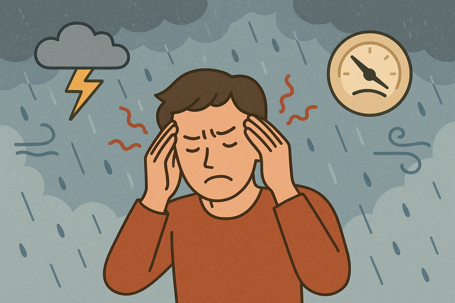 장마철 날씨와 기압의 변화에 따라 두통을 호소하는 사람의 모습