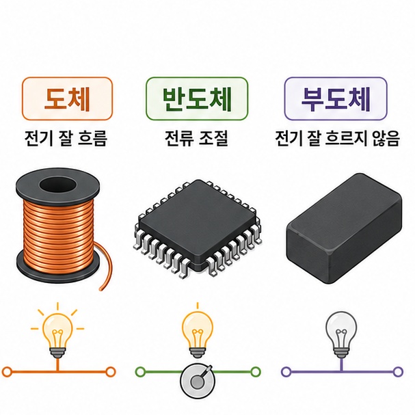 전기가 잘 흐르는 도체와 흐름을 조절할 수 있는 반도체, 잘 흐르지 않는 부도체를 비교하는 그림