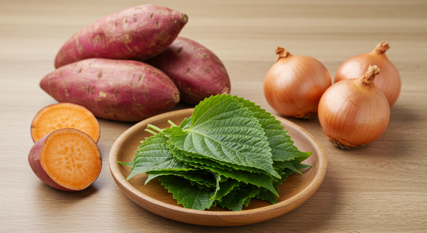 치매 예방,고혈압 완화 평범한 식재료: 고구마,깻잎,양파