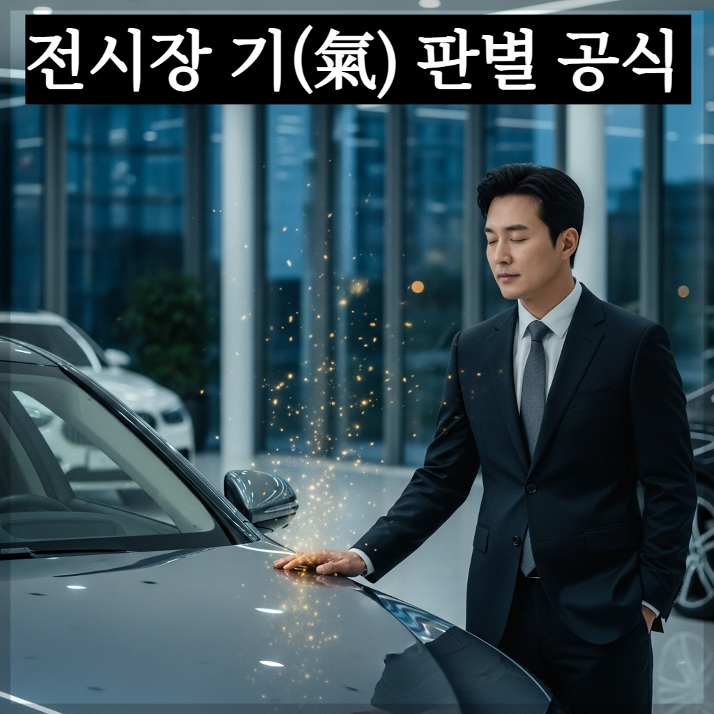 세련되고 현대적인 자동차 전시장 조명 아래, 고급 세단 앞에 서서 차량에 손을 살짝 얹고 눈을 감은 채 기운을 느끼고 있는 품격 있는 한국인 남성의 모습. 주변에는 황금빛 입자들이 은은하게 감돌며 차량과 운전자의 교감을 시각적으로 표현한 사진