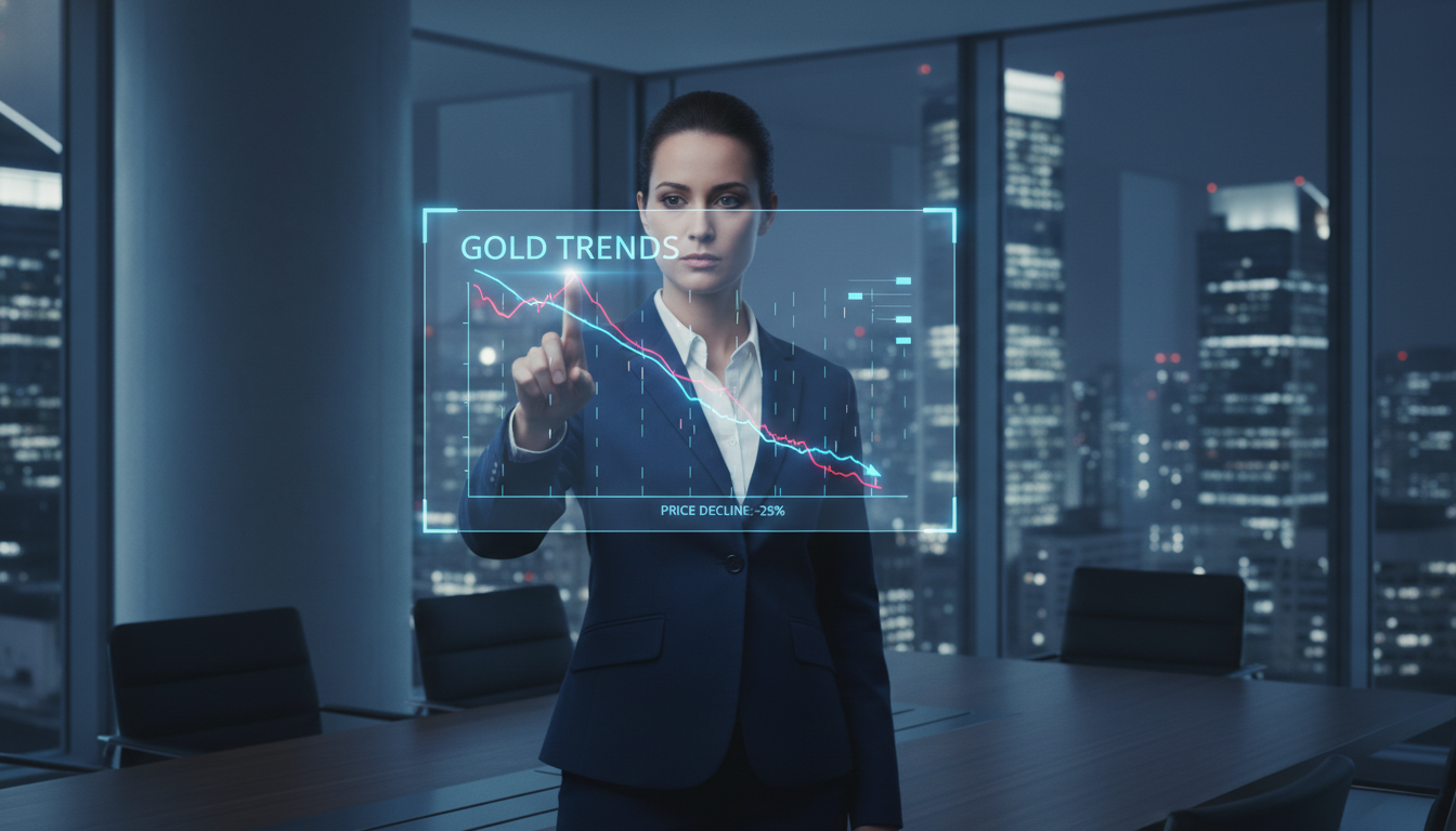 하락하는 금값 추이 그래프를 분석하는 금융 전문가의 홀로그램 스크린