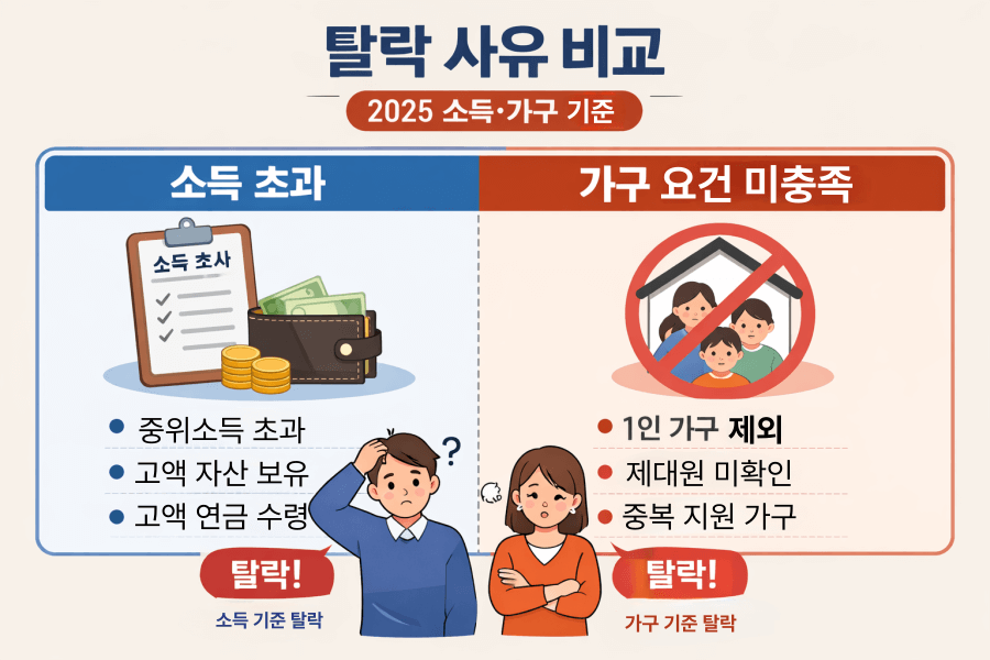 도시가스 감면 인포그래픽 alt: 탈락 사유 비교 + 2025 + 소득&middot;가구 기준
